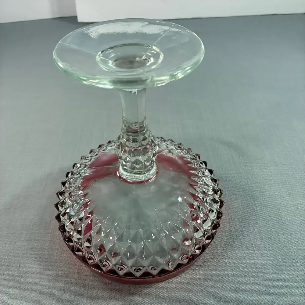 Vintage Ruby Flash Glass Pedestal Compote Candy Dish Bowl Diamond Point Clear